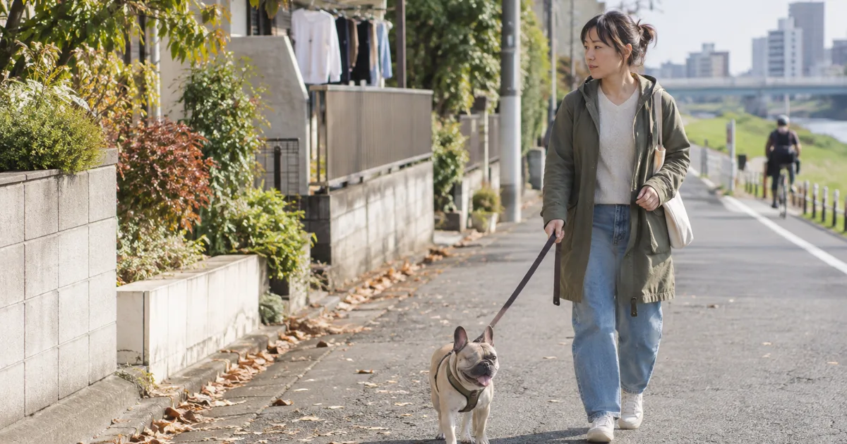 多摩川沿いの道をフレンチブルドッグと散歩する30代の女性