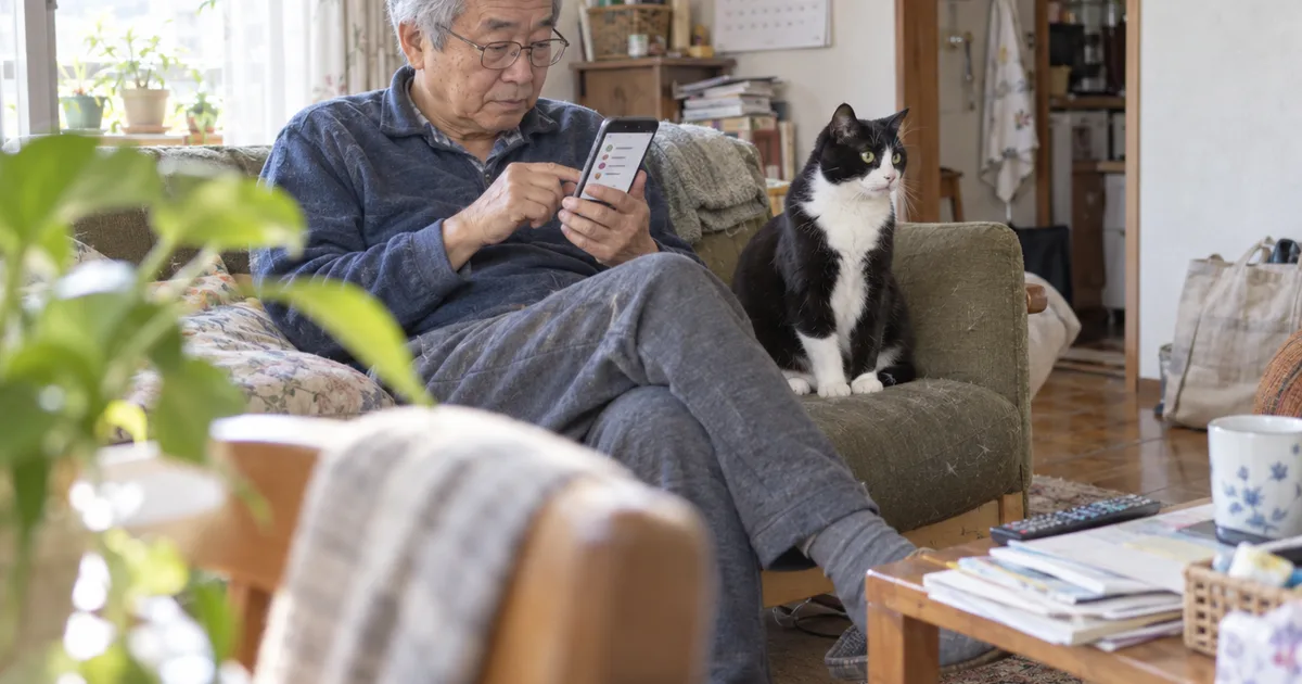 ソファでスマートフォンの料金表を見る年配の男性と、隣に座るハチワレ猫