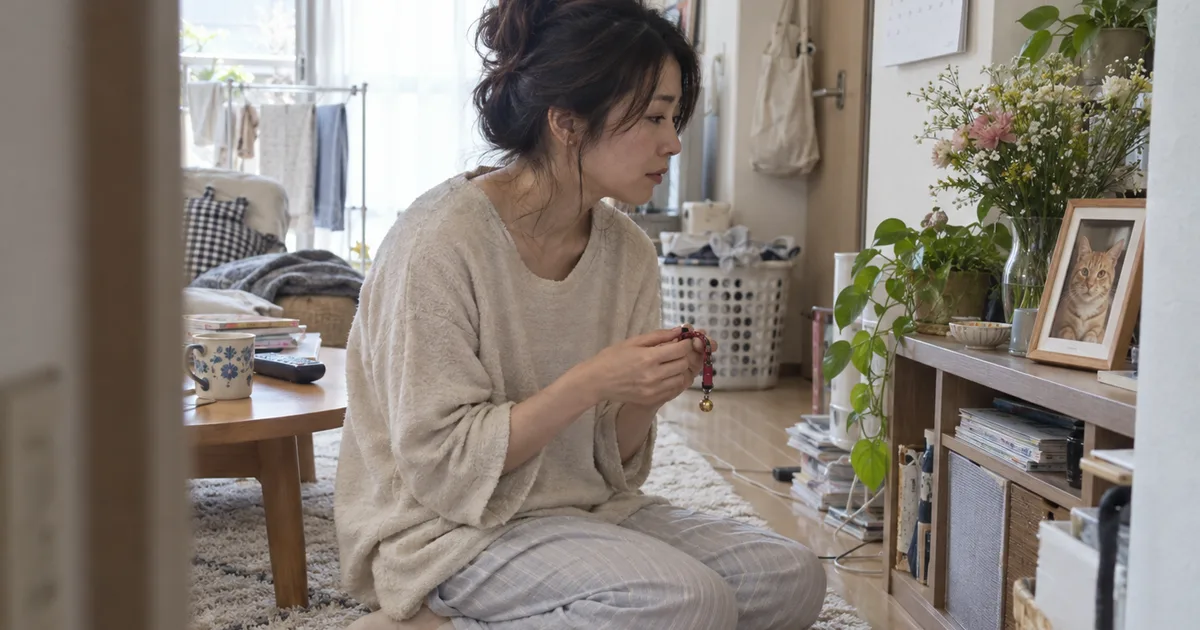 茶トラ猫の写真を見ながら鈴のついた首輪を手にする30代の女性