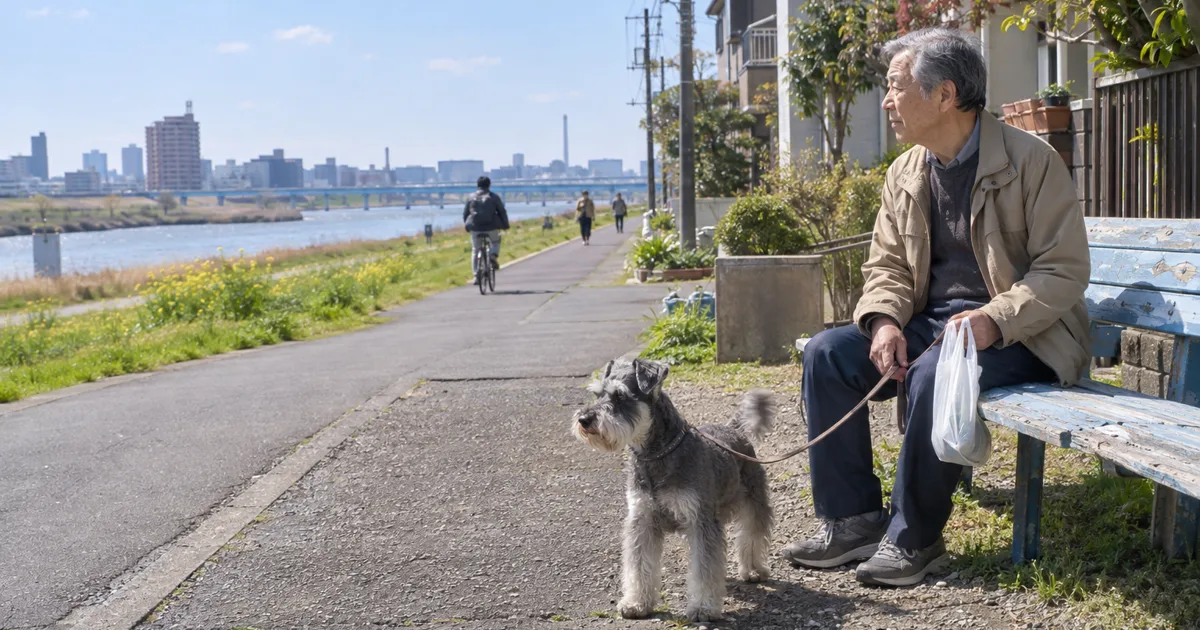 ベンチに座る年配の男性と足元のミニチュアシュナウザー