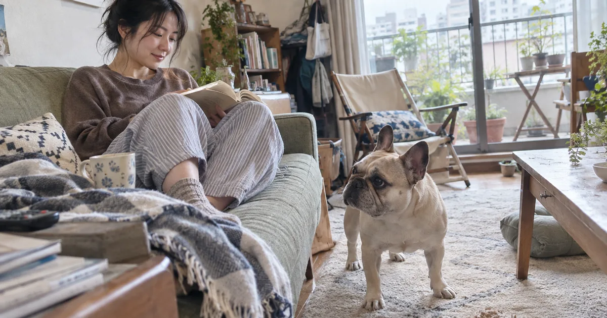 ベランダに面したソファで本を読む30代の女性と、フレンチブルドッグ