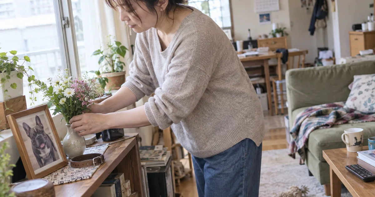 窓辺の棚に飾ったフレンチブルドッグの写真に花を生ける30代の女性