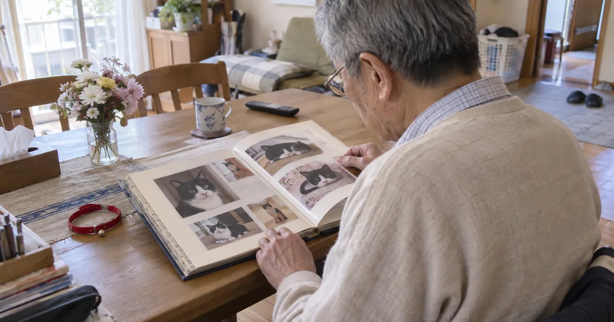 ハチワレ猫の写真アルバムをめくる年配の男性