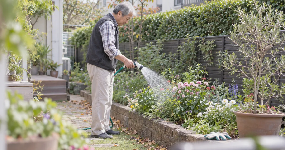 日当たりのよい庭で花に水をやる年配の男性