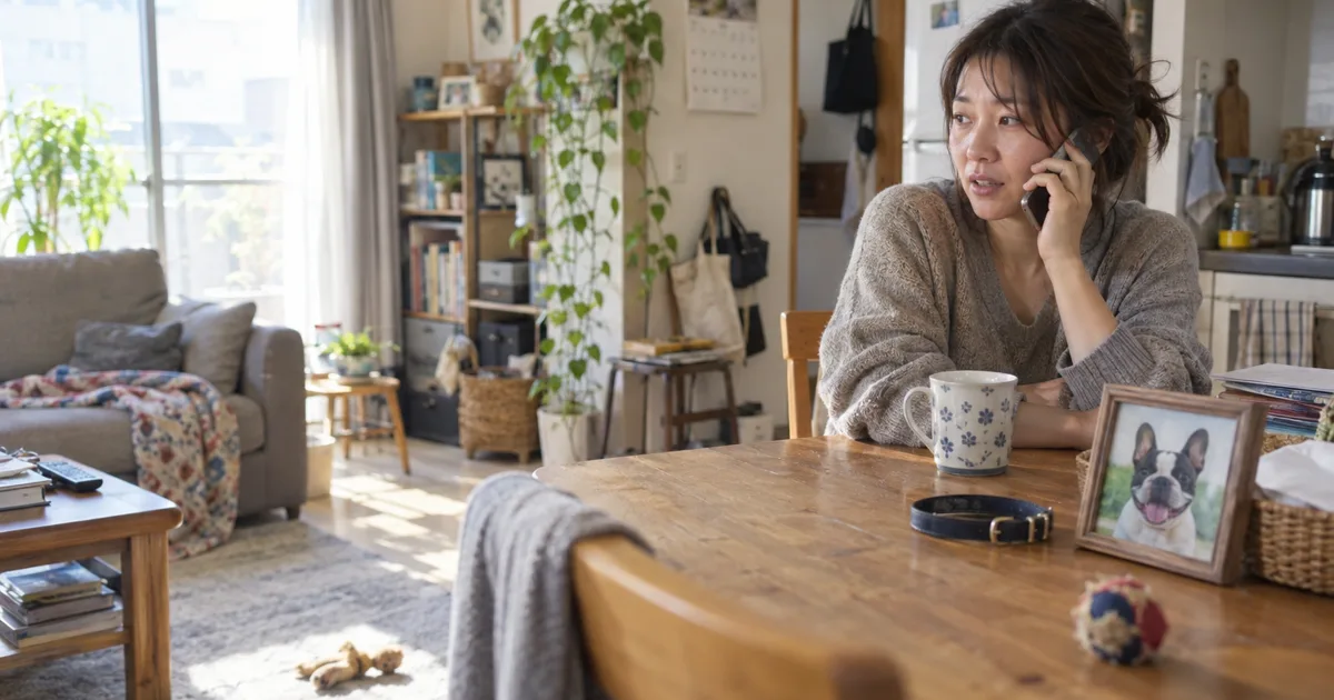 フレンチブルドッグの写真と首輪を前に電話をかける30代の女性