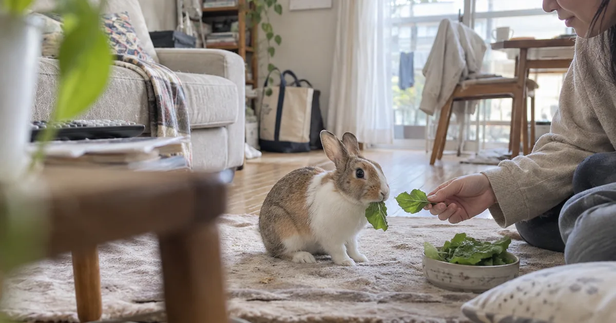 明るいリビングで葉野菜を食べるうさぎ